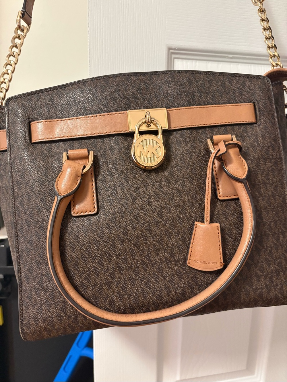 Michael Kors Brown & Tan Logo Satchel with Gold Tone Hardware